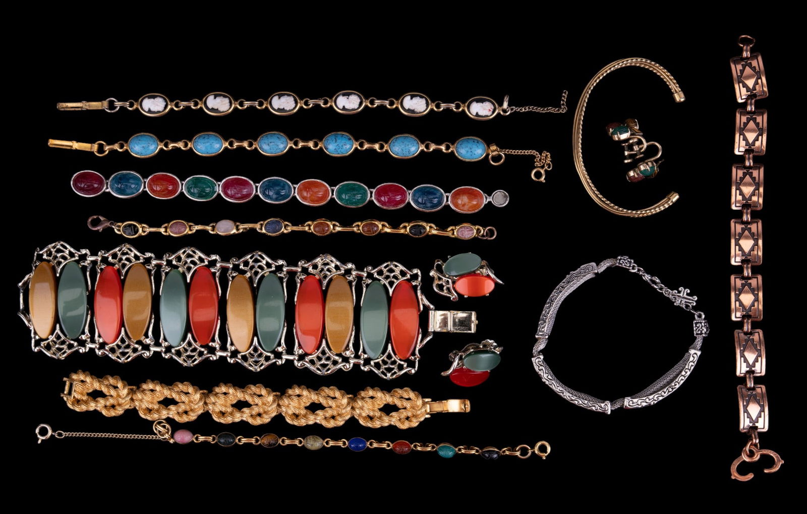 G.F Scarab Jewelry, more Scarab, Trifari, More: Grouping includes a gold filled scarab necklace with jade quartz, lapis, tiger eye & more, gold filled scarab screwback earrings with jade, tiger eye & more, multiple scarab necklaces & bracelets, ena