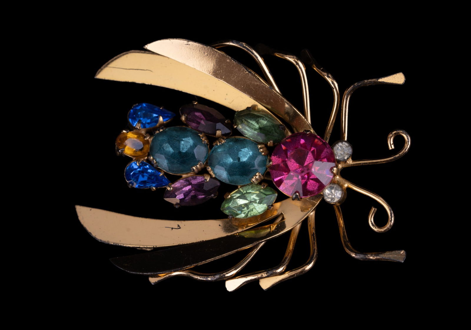 Vintage Sterling Coro Rhinestone Bug Pin: A vintage sterling silver Coro rhinestone insect pin, measuring approx. 2.25" top to bottom. Pin is marked on back,