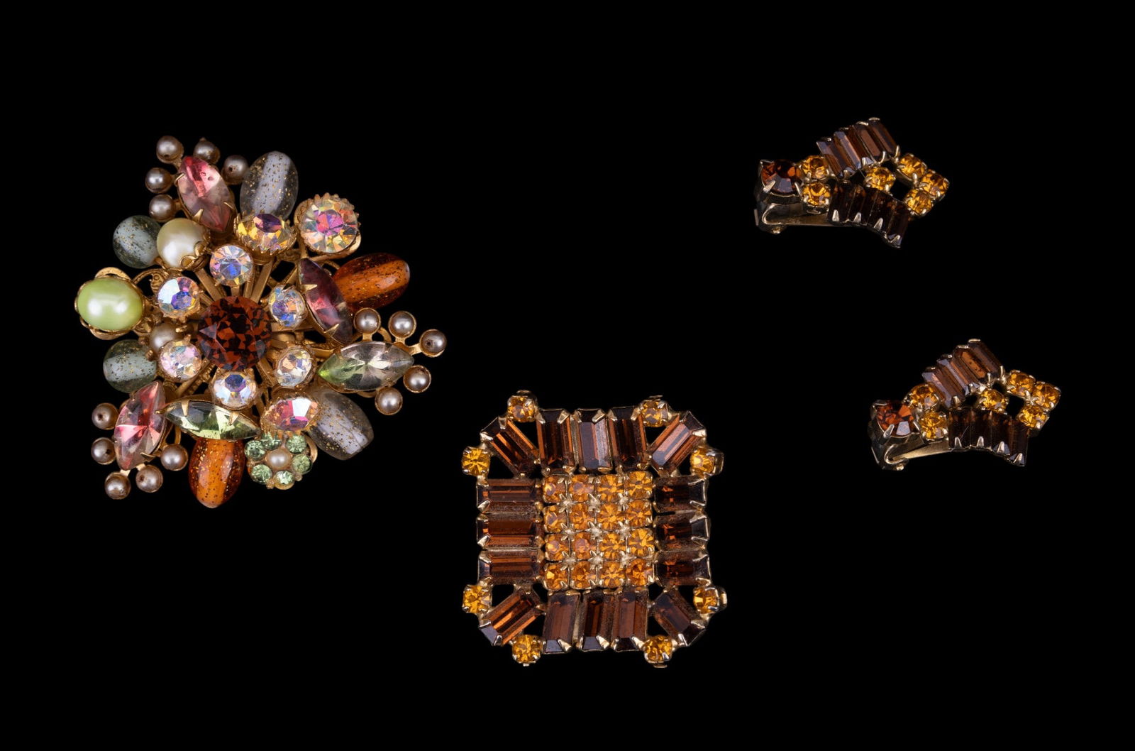 Two Rhinestone Brooches, Matching Earrings (1 of 7)