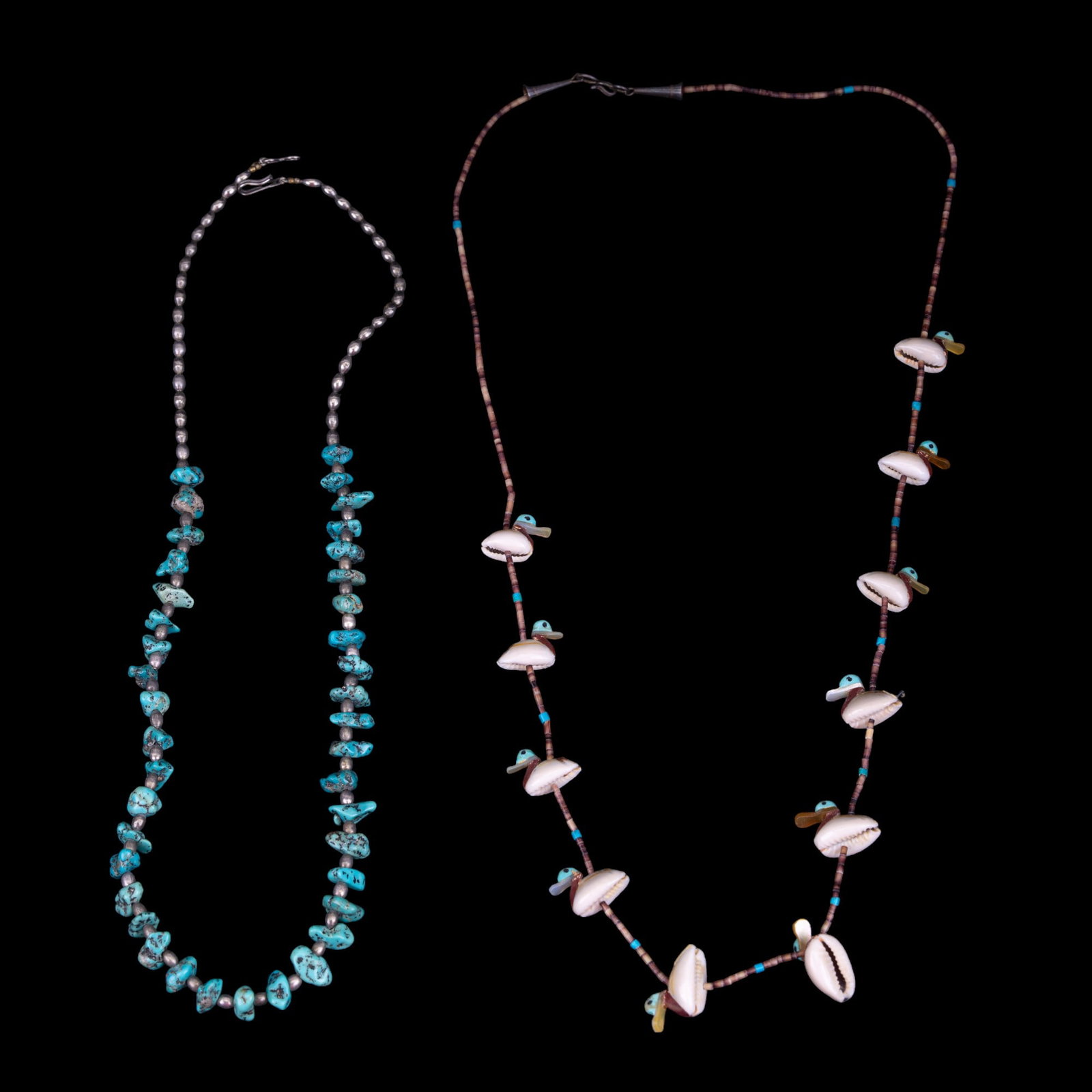 Native American Silver Necklaces (2): Early unsigned sterling turquoise chunk necklace & duck shell design fetish sterling silver link necklace.