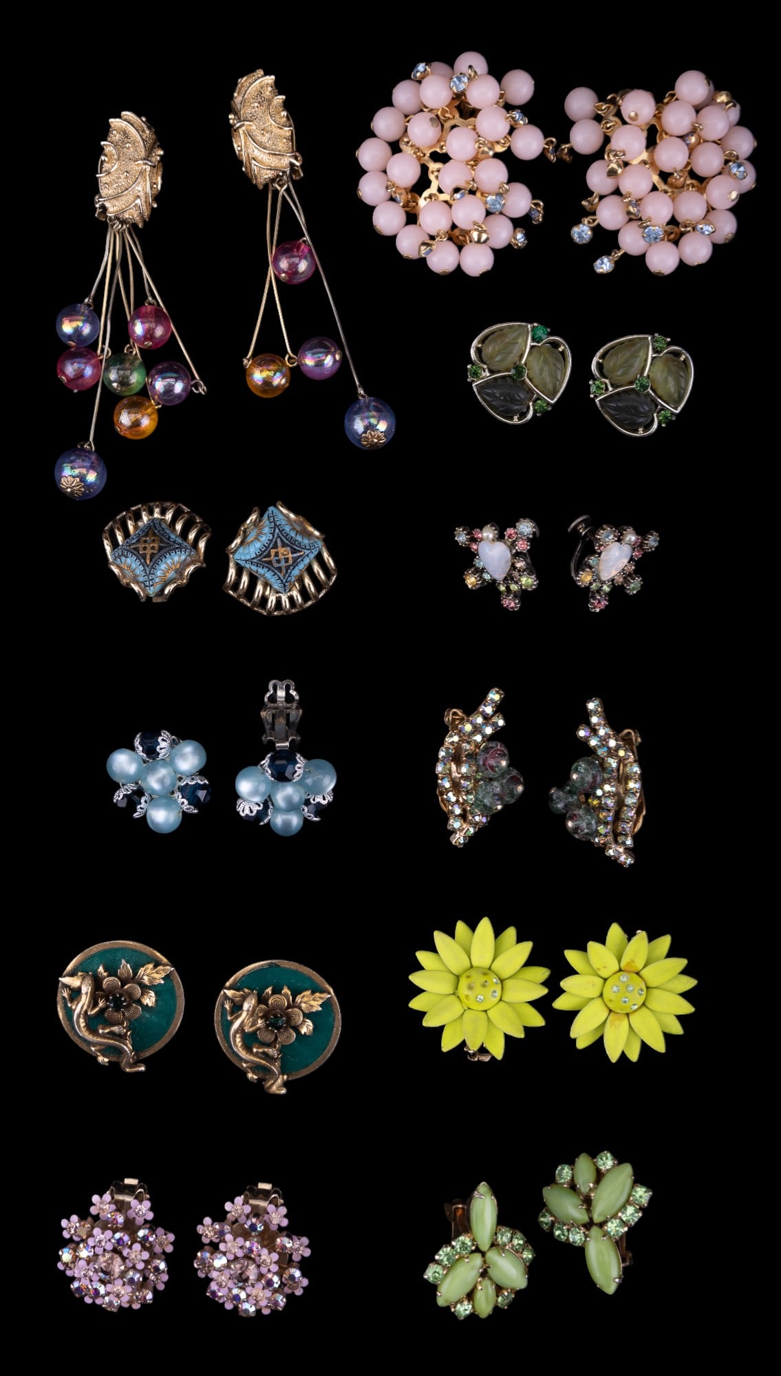 Coro Opal, Weiss, more Vintage Earrings: Coro opal heart rhinestone screwback earrings, Weiss purple flower bunch rhinestone clip earrings, Lisner green leaf earrings, & more vintage clip earrings' + screwbacks.