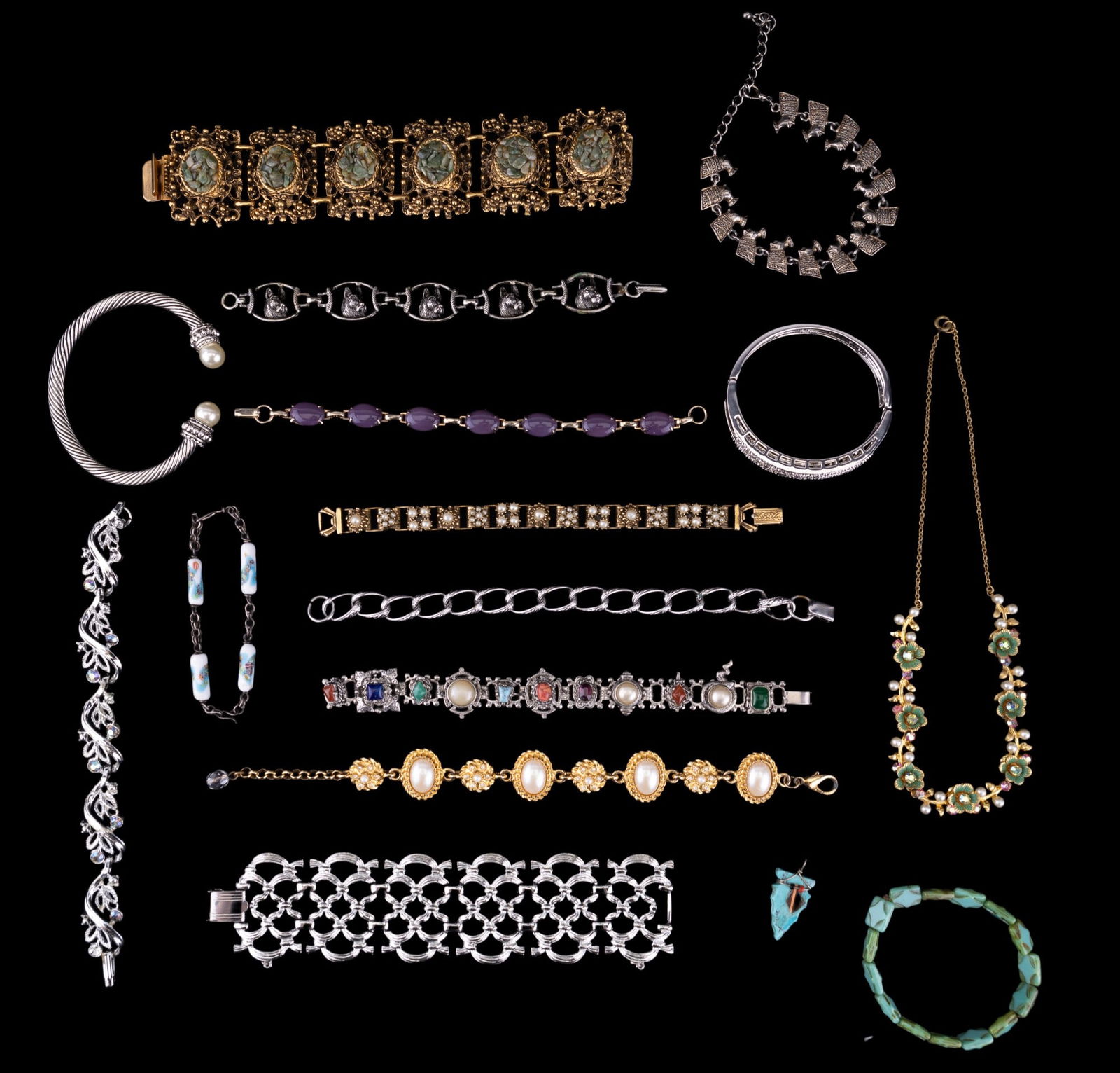 Coro, Vintage Rhinestone, Panel Bracelets, Jewelry: A Coro wide silver tone bracelet in geometrical link patter, substantial gold tone natural stone panel bracelet, multiple enamel and rhinestone vintage bracelets + necklace, cuff bracelets, porcelain