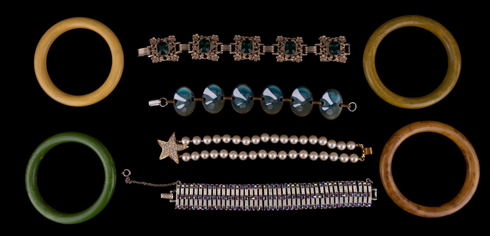 Vintage Coro, Joan Rivers, Celluloid Bangles, More: Grouping includes a vintage Coro gold tone rhinestone segmented bracelet, a Joan Rivers faux pearl star pendant necklace, celluloid bangle bracelets & more.