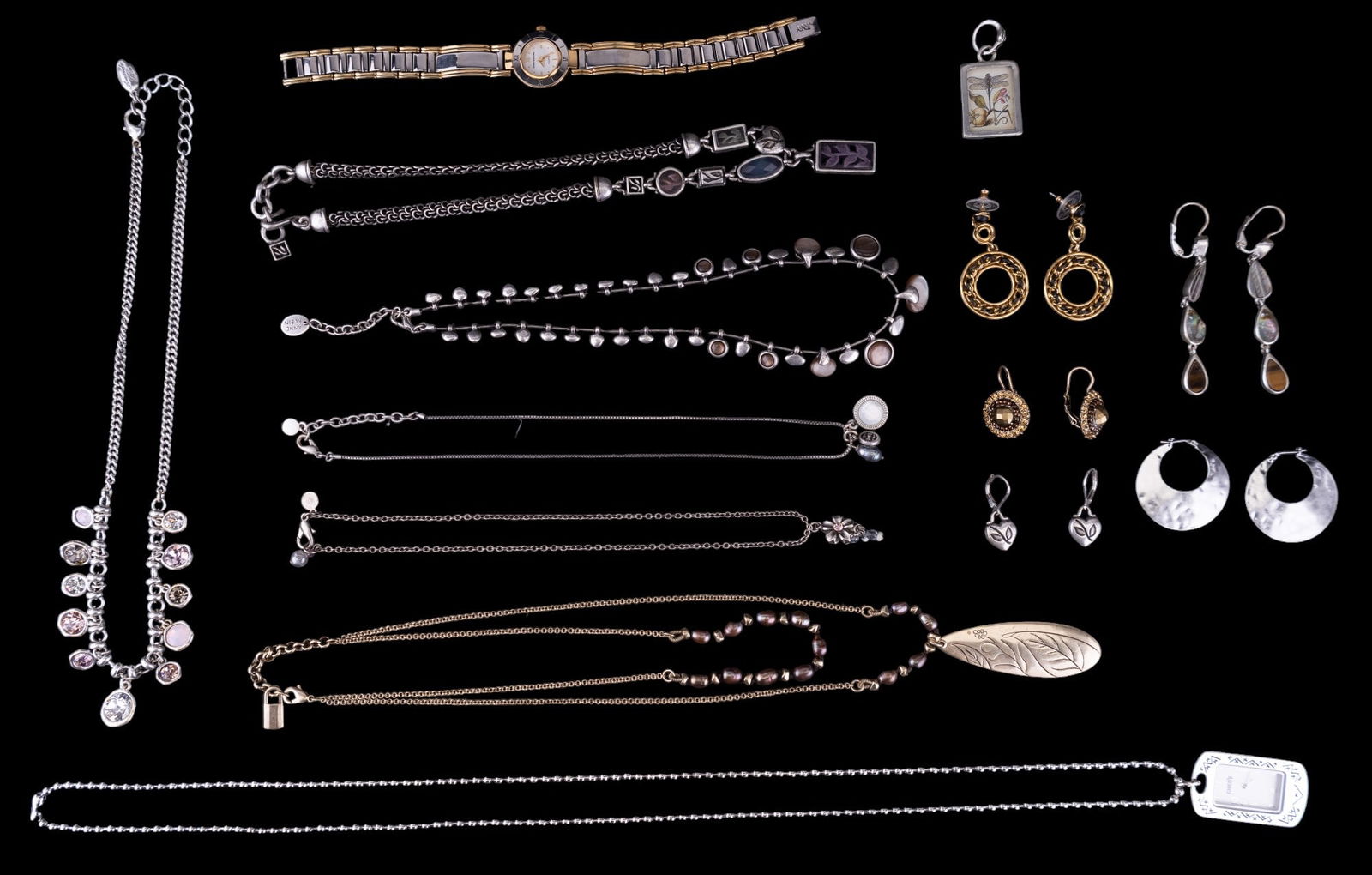 Designer Jewelry & Watches (14): 14 signed designer pieces of jewelry + watches. Names include: Anne Klein, Ellen Tracy, Amanda Blu, KC Designs, Ralph Lauren, TTamari, Liz Clairborne, David Aubry, Chicos, Jones N.Y, and one other.