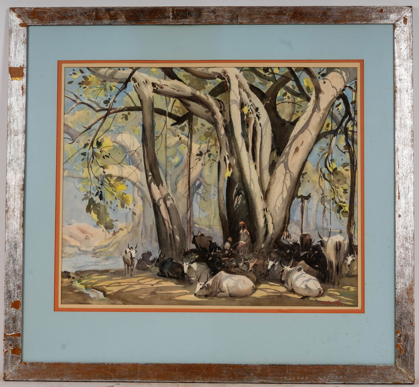 Watercolor of Ox Herders by G.D. Paul Raj: Watercolor depicting Indian ox herders resting in the shade by G.D. Paul Raj (IN 1914-1979) signed LR with visible art measuring approx. 23" W x 19" H in frame with triple matting measuring approx. 32
