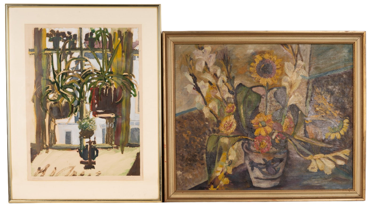 Floral Monotype and Oil Painting: Impressionist style oil on 30" W x 24" H canvas depicting irises, sunflowers, and daisies in a vase in vintage frame measuring approx. 33.5" W x 27.5" H OD - canvas and frame have some wear and mild p