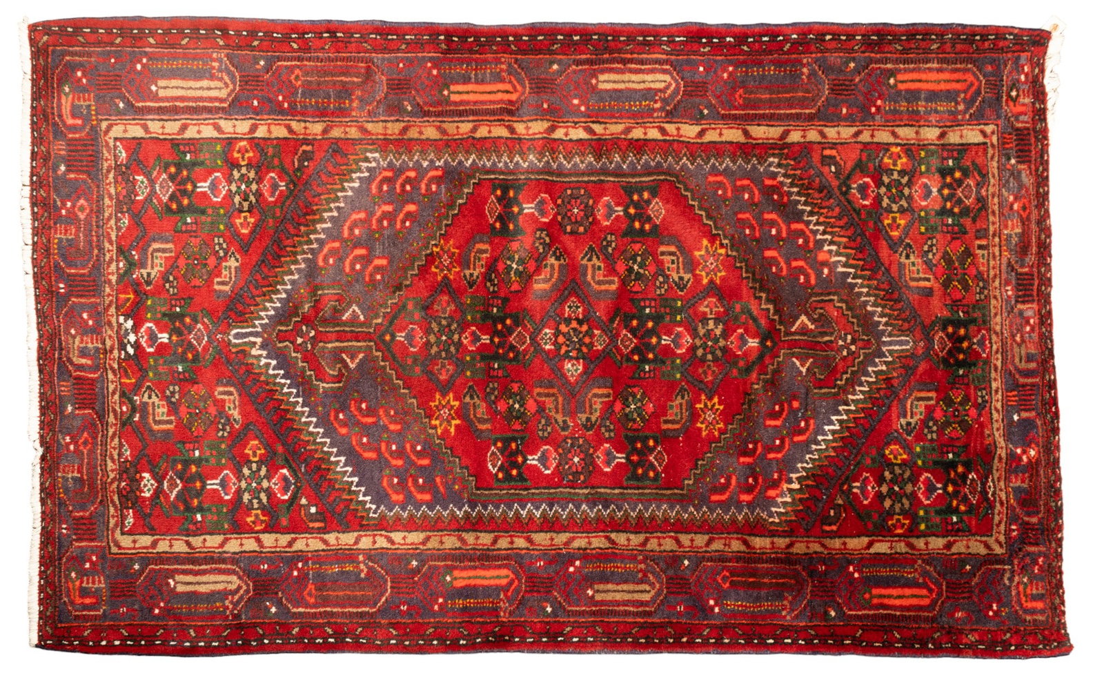 Hand-Knotted Persian Carpet: Hand-knotted Persian carpet that appears to be in overall good condition, could possibly use a cleaning. Some color irregularities. Measures approx 4'4"x6'10". Rug.