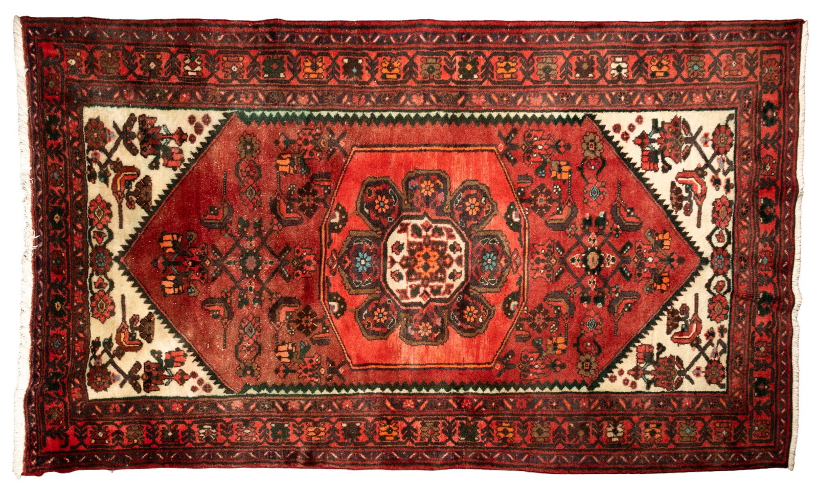 Hand-Knotted Persian Carpet: Hand-knotted Persian carpet that appears to be in decent condition w/ some fading as seen in photos. Measures approx 4'2"x7'4".