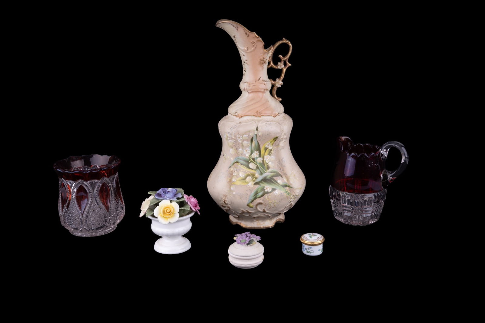 RH Pitcher, Spode Enamel, Aynsley & More: Robert Hanke (RH) Austria porcelain footed pitcher vase marked on bottom that measures approx 11.75" tall & 5.5" in diameter at widest point, Victorian Trading Co. lidded floral purple daisy trinket b