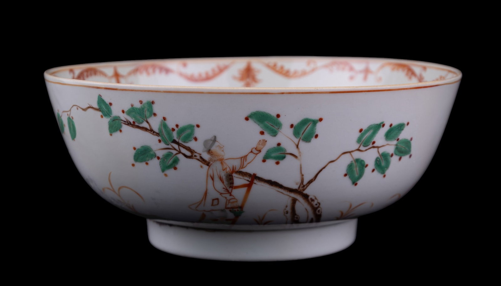 Antique Chinese Export Bowl, Handpainted, Iron Red: An antique Chinese bowl with bone white field & iron red, brown, green painted figural scene of nature on outside of bowl. Bowl measures approx. 10.25" in diameter, 4.25" high. An iron red painted des