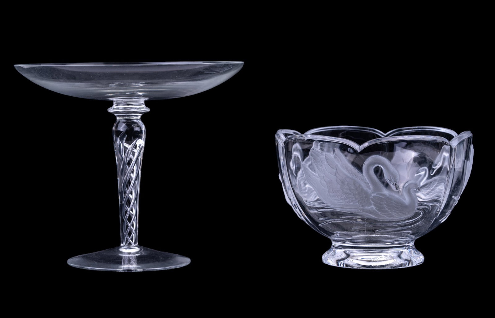 Frosted Glass Swan Bowl & Spiral Glass Compote: Teleflora 24% lead crystal frosted glass swan candy bowl & a spiral glass stem compote approx 6.25" tall & 7.25" in diameter at top.