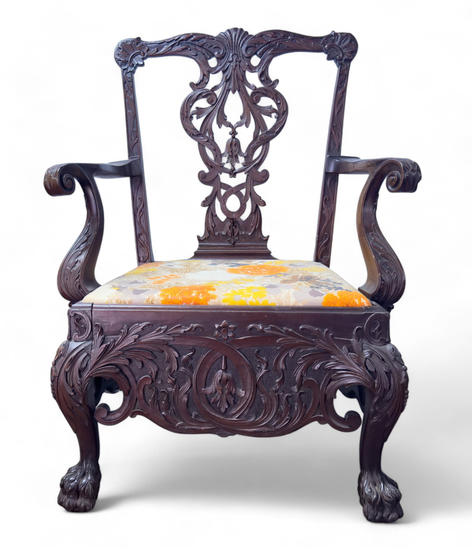 Antique Heavily-Carved Floral Chair: Antique intricately-carved chair w/ floral design approx 41.5" tall, 29" across, & 18" from the floor to the seat.19th C, mahogany, probably Philadelphia, PA, exceptional relief carving.