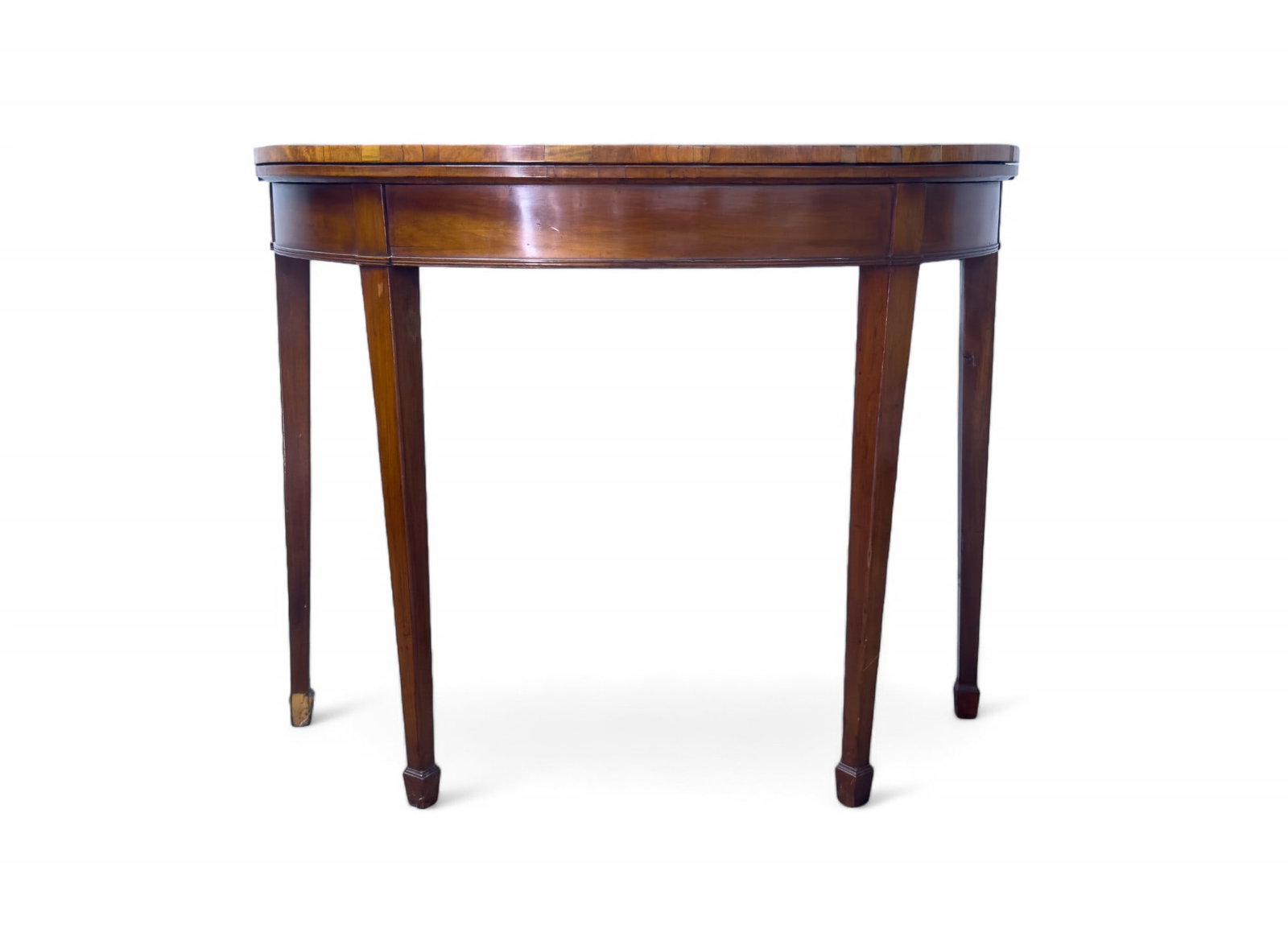 Antique Mixed Wood Card Table: Antique mixed wood card table w/ figured wood top. Item measures approx 36? in diameter when extended & 28? tall. Some loss to veneer.