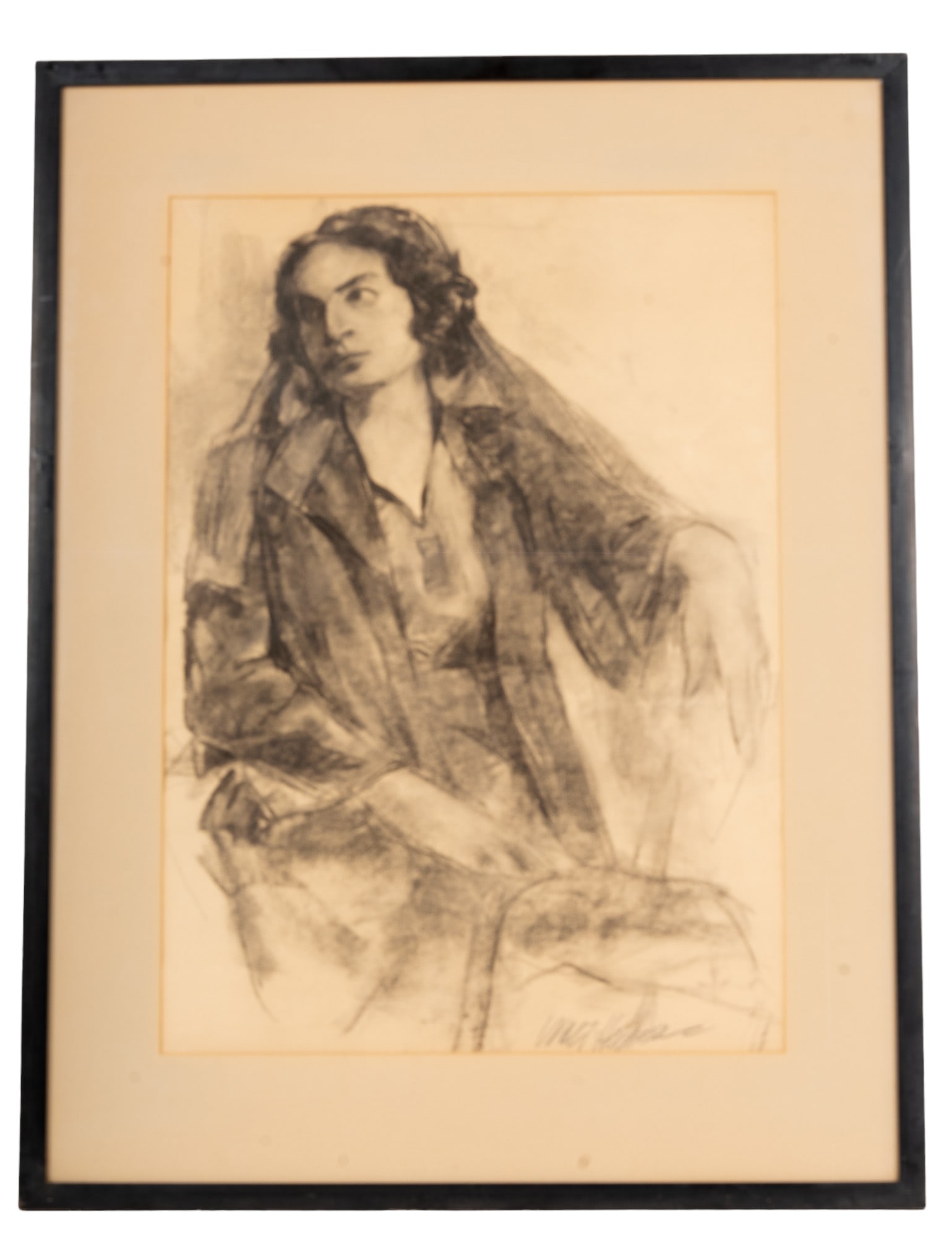 Figure Drawing by Walter Huber (Am 1886-1961): Charcoal figure drawing on cream laid by Walter Huber (Am 1886-1961) - signed "Walt Huber" LR - in minimal black frame measuring approx. 24.5" x 32" H OD. The drawing, matting, and frame have some wea