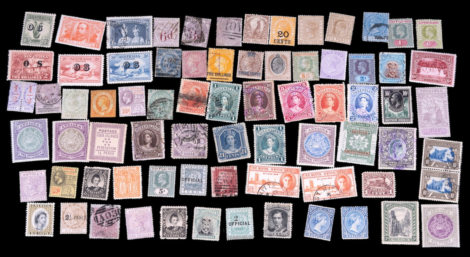 Antique British Colonial Stamps (74): Stamps of or from former British colonies such as: Australia, New Zealand, Tobago, Queensland, New South Wales, Newfoundland, Antigua, South Africa, Bahamas, Rhodesia, Guyana, Grenada, Cook Island, Be