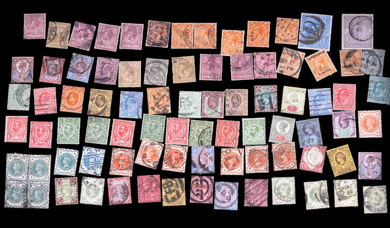 Antique Stamps of the British Empire (83): Grouping of antique stamps of the British Empire in various denominations. Most stamps are cancelled, a few never used. Stamps in very good condition for their age.