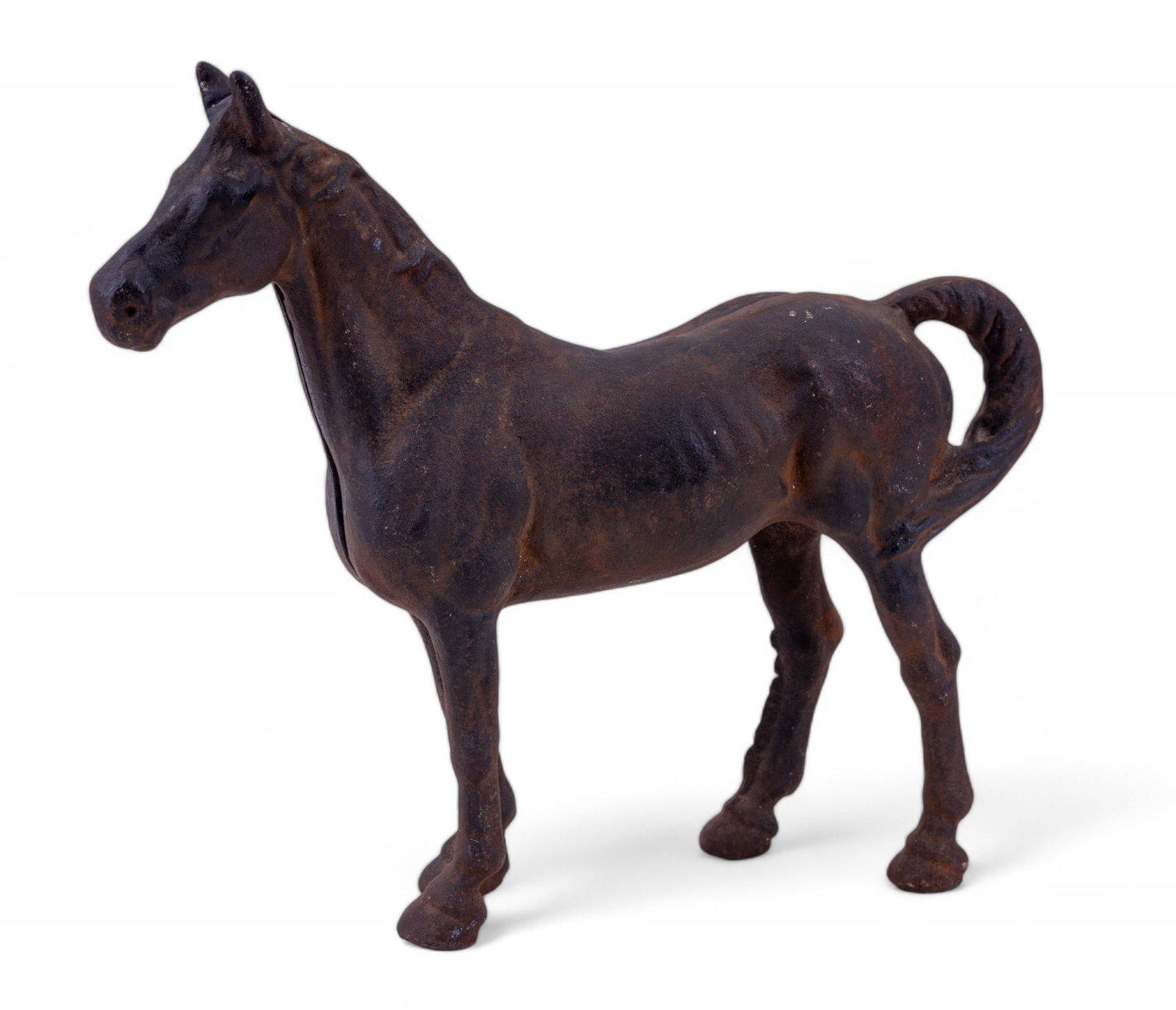 Cast Iron Horse Doorstop: Cast iron horse doorstop measuring approx. 11.5" L x 9.75" H. The horse has some oxidation and one of the screws is missing.