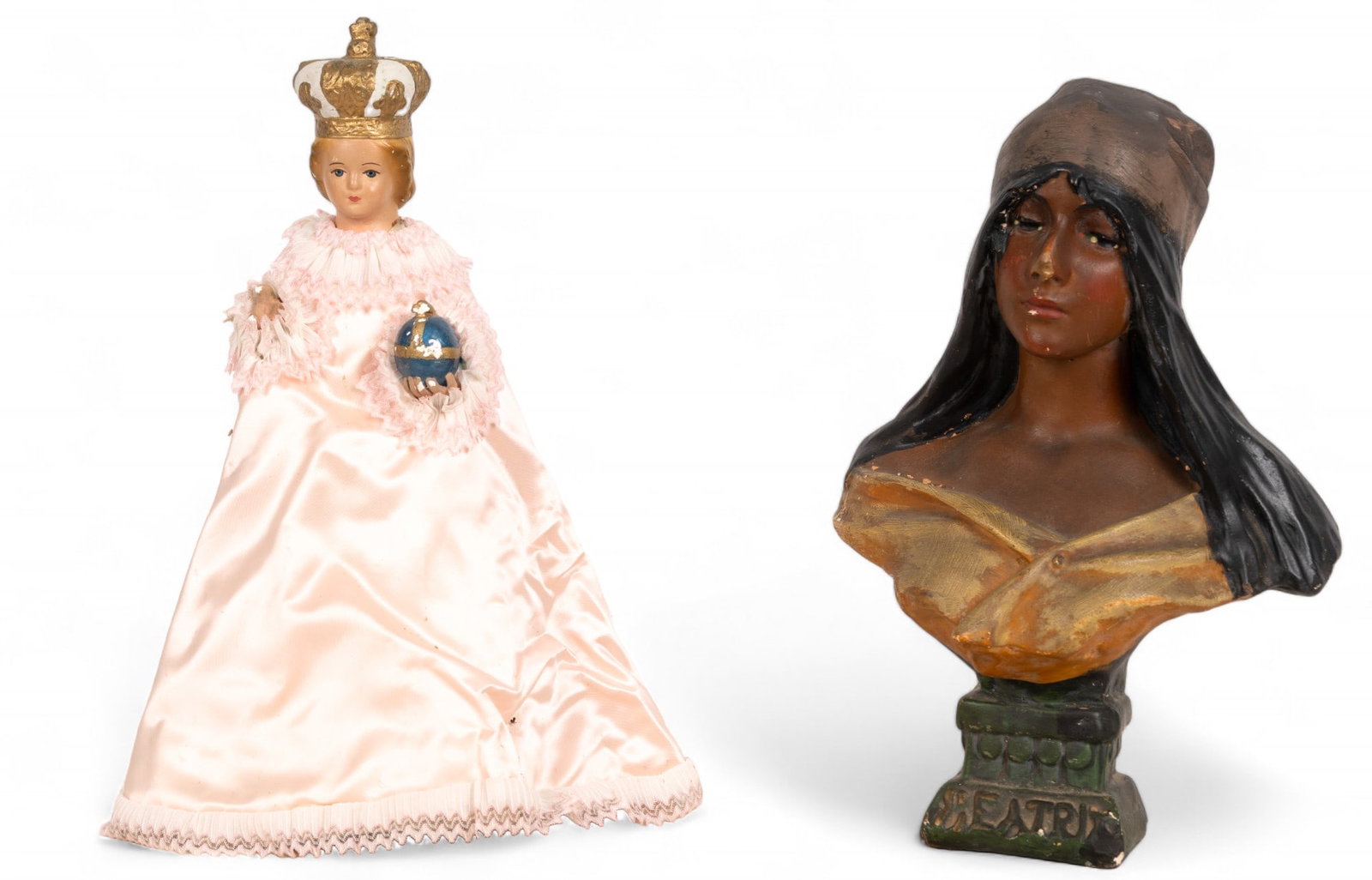 Beatrix Bust and Infant of Prague Chalkware: Art Nouveau style hand painted chalkware bust of Beatrix after Emmanuel Villanis with some paint loss and loss on nose - measures approx. 12" H. Infant of Prague chalkware figurine with some loss on h