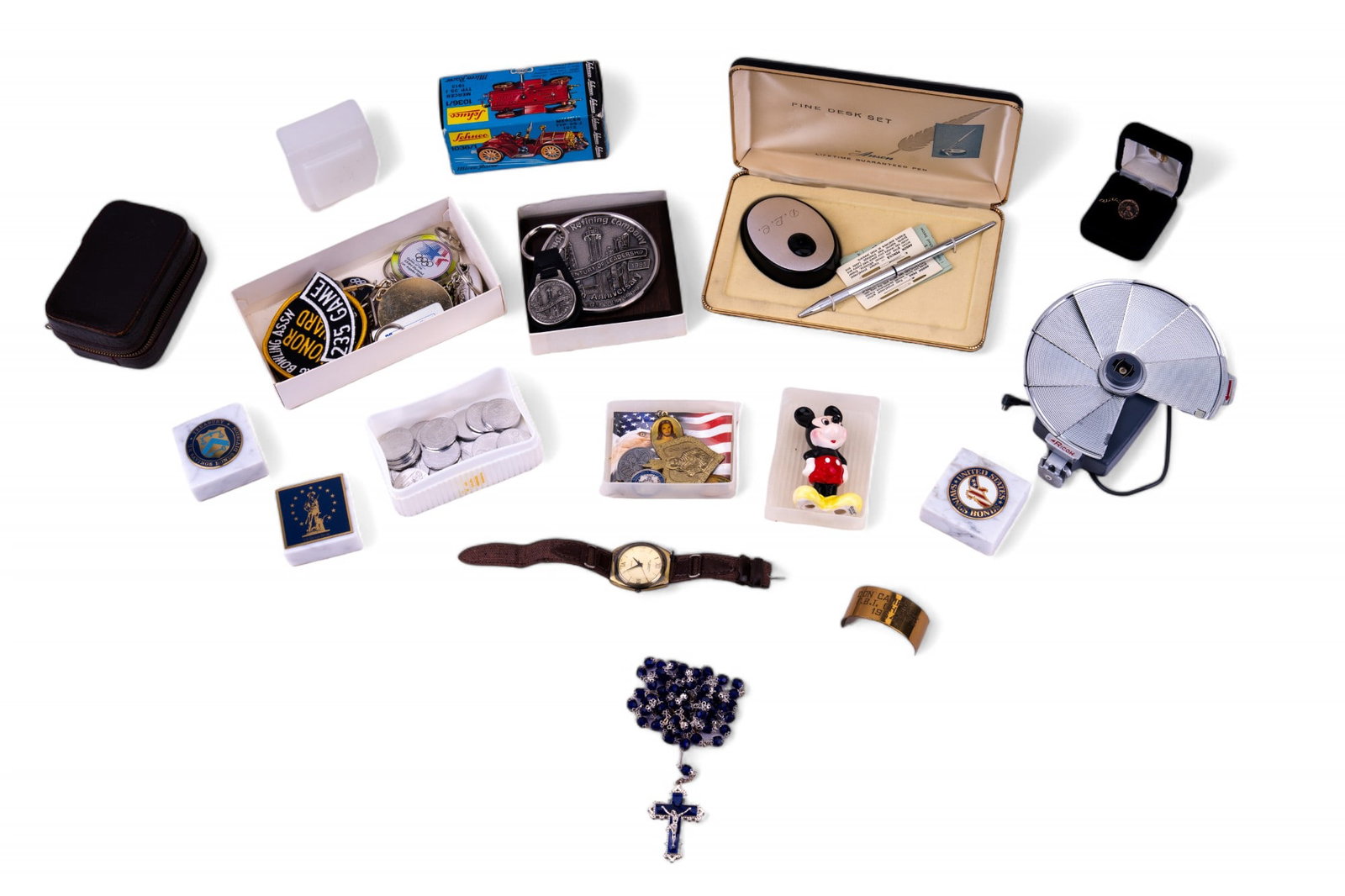 Vintage Desk Items, Pen, Shuco Toy, & More: 7 desk items, including an Anson Fine Desk Set case w/ pen & holder; Sunoco tokens, Ricon camera flash in case, Shuco Micro Racer in box, Mickey Mouse painted figurine, key rings, Eurotech wrist watch