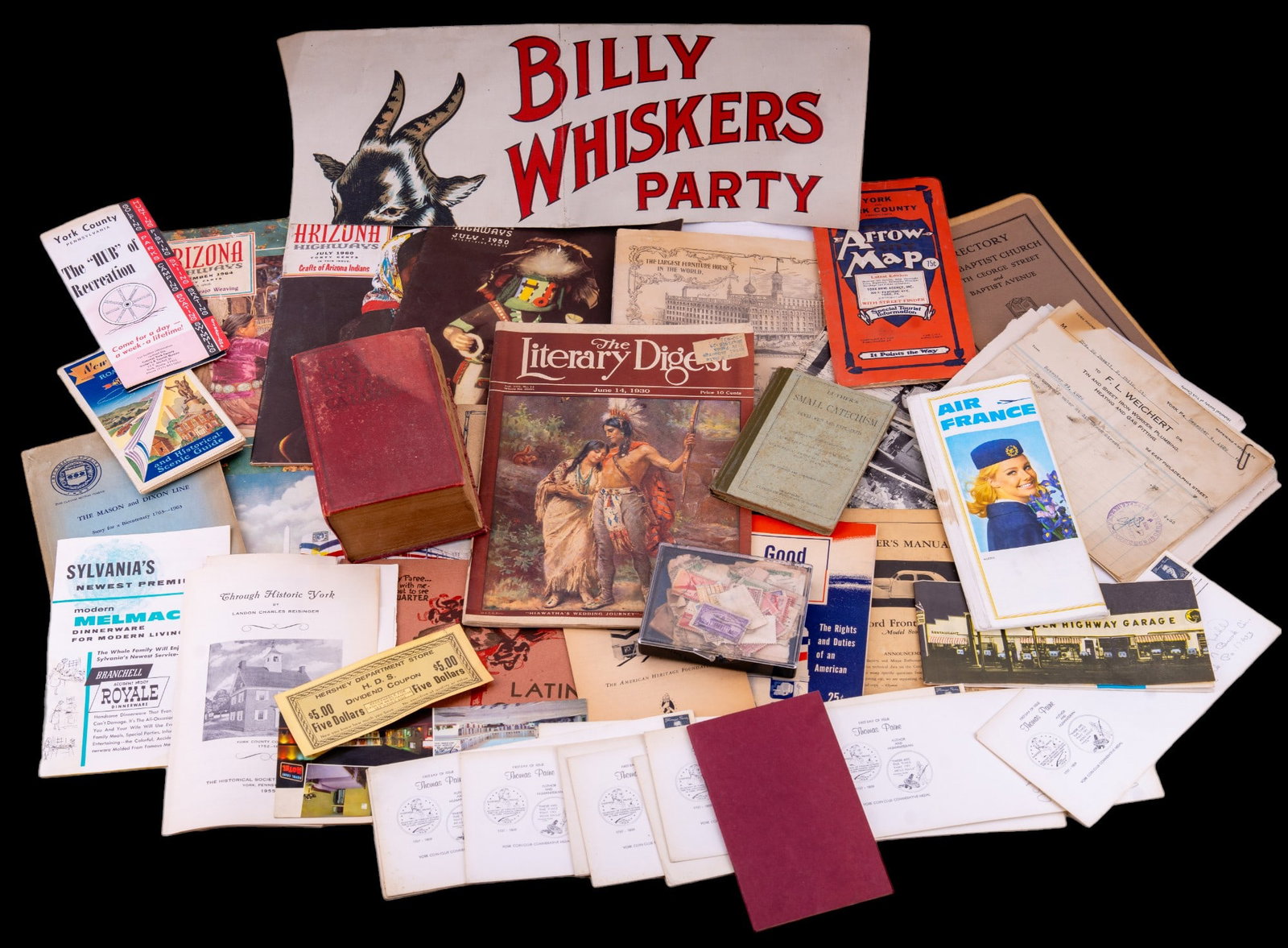 Vintage Ephemera, Stamps & Advertising: Large lot of York, PA ephemera, advertising, stamps, stamp catalog, ink blotters, road maps, magazines, pamphlets & guides, posters, "First Day of Issue" cover envelopes, & more. There are 75+ total p