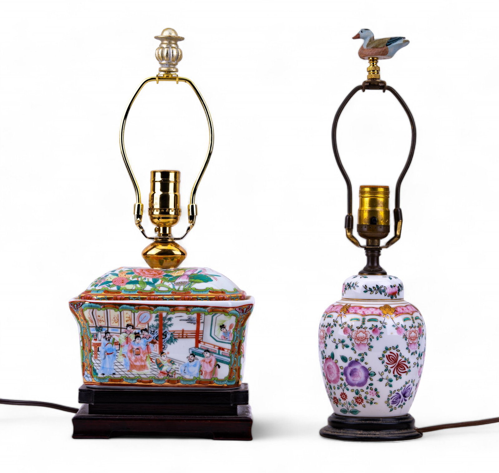 Chinese Porcelain Decorated Lamps (2): Electrified Chinese floral porcelain ginger jar lamp w/ carved & painted duck at finial & a porcelain Chinese covered Canton porcelain box electrified lamp w/ art of an outdoor gathering & various but