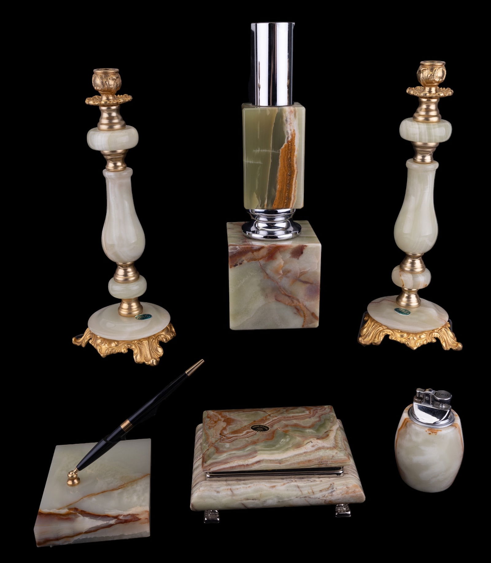 Green Onyx Desk Decoratives: 2 candlesticks approx 12" tall, table lighter, dresser box, desk pen holder, & table/lamp stand - base approx 12.5" tall. 2 candlesticks approx 12" tall, table lighter, dresser box, desk pen holder, &