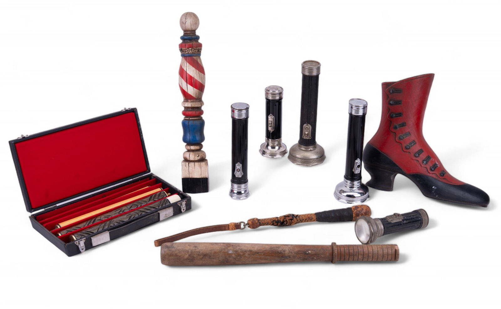 Vintage Pool Cue, Blackjack, Flashlights, & More: Portable pool cue stick w/ breakdown case, billy club police nightstick, blackjack (some loss to leather), 5 vintage flash lights, composite barber pole decorative, & women's Victorian shoe decorative
