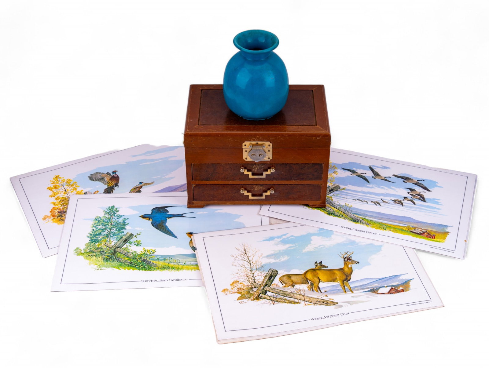 Vintage Stoneware+ Vint. Dresser Box: A Tansu style jewelry dresser box, vintage art pottery blue stoneware vase marked "6" on bottom measuring 6" tall with 2004 mark. Four piece set of placemats.