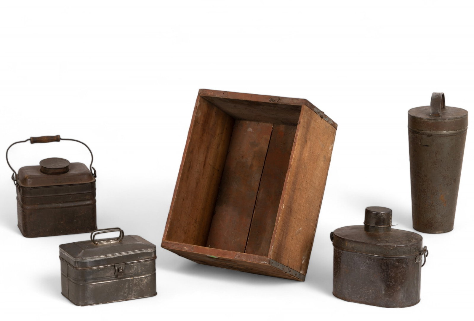 Antique Dairy Tins, Lunch Pails: Grouping includes three antique & vintage lunch pails , two of which have cups attached to them with original wooden handles. Also in grouping is what appears to be an ice cream bucket/container. All