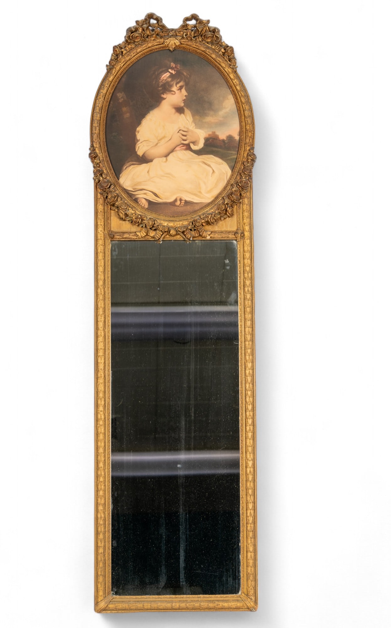 Tall Victorian Gilded Mirror W/ Litho of Girl (1 of 7)