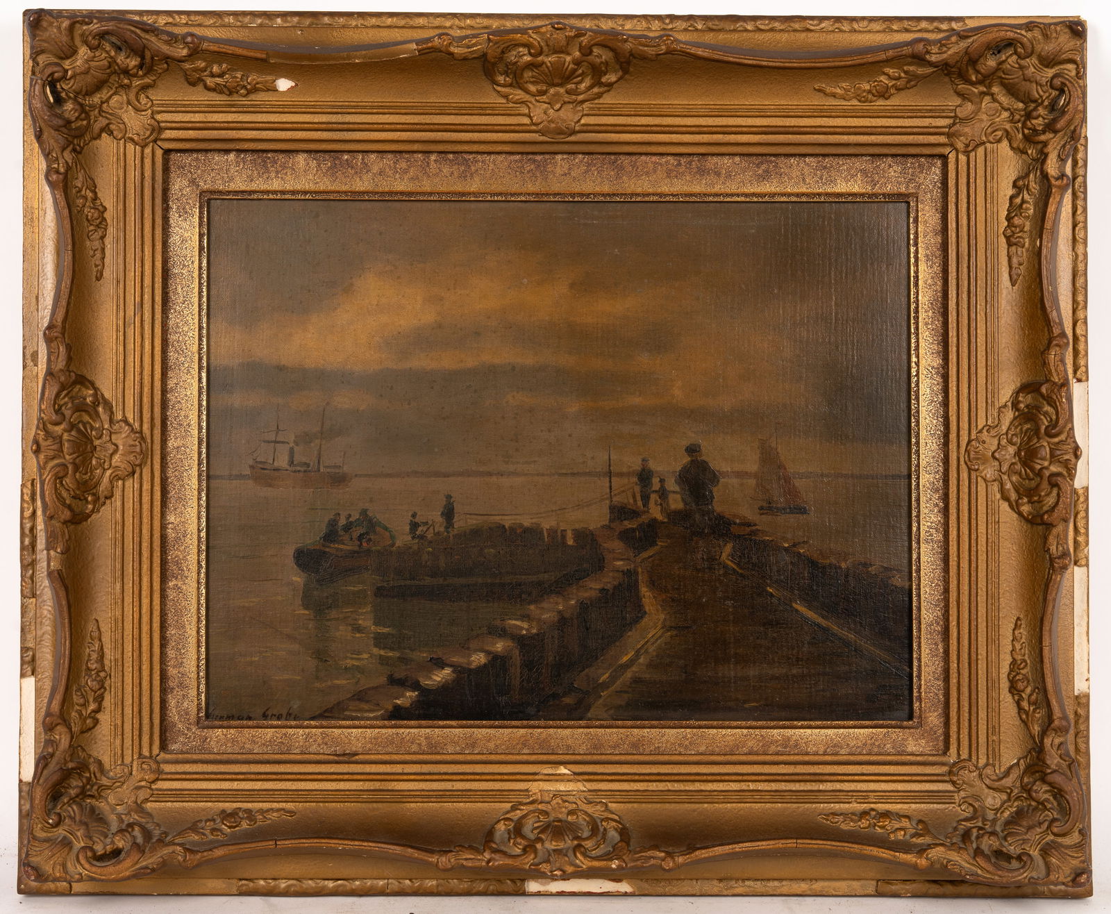 Dutch Waterfront Oil on Panel by German Grobe (1 of 7)