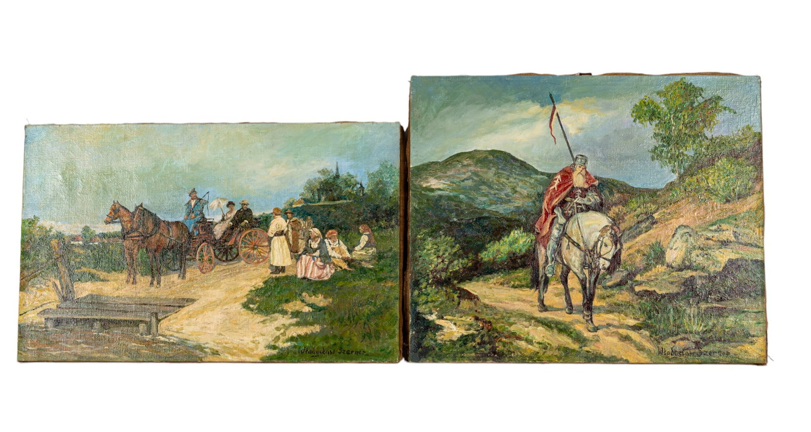 Wladyslaw Szerner (PL 1870-1915) Paintings (2): 2 oil on linen paintings by Wladyslaw Szerner (PL 1870-1915) including a master copy "Waiting for the Ferry" after Jan Zdzislaw Konopacki measuring approx. 23.75" W x 15" H - signed LR and a master co