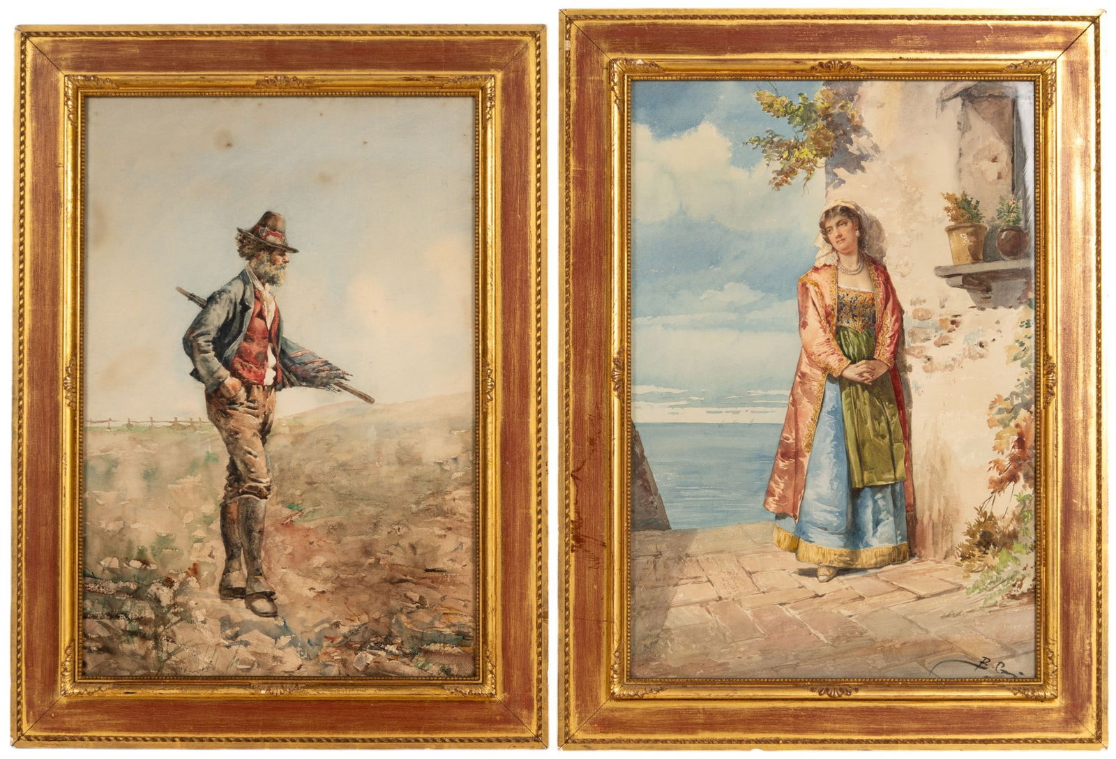 Signed 20th C Figural Watercolor Paintings (Pair) (1 of 13)