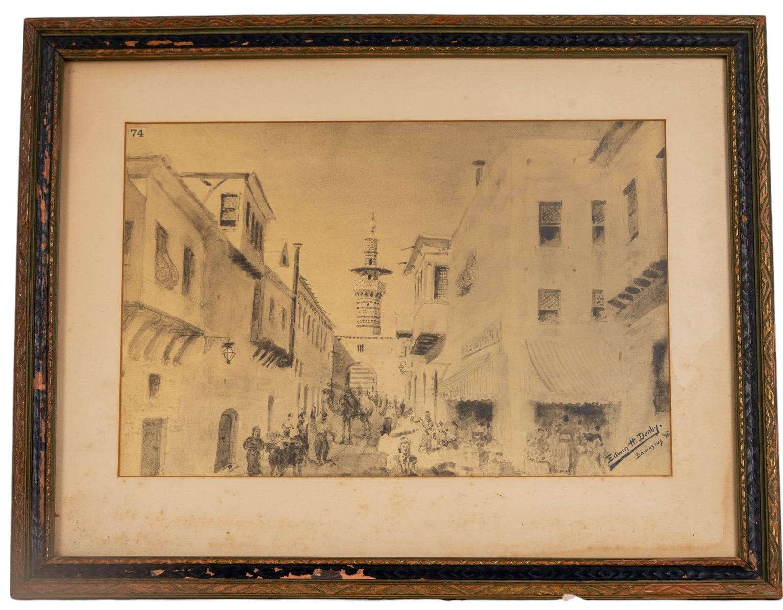 Edwin Hopper Denby Watercolor of Damascus 1898: Edwin Hopper Denby (AM 1873-1957) Ink wash and graphite on paper depicting market scene with people and a camel titled "Damascus 98" and signed "Edwin H. Denby" LR and a label "74" UL. Visible art mea