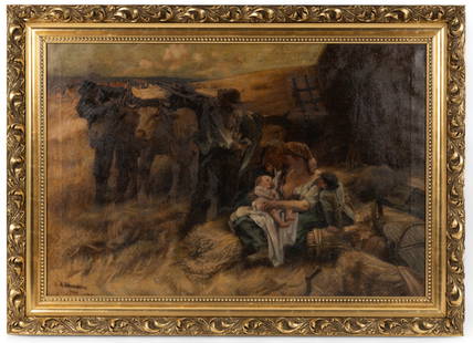 "La Famille" After Leon Augustin L'hermitte: "La Famille" after Leon Augustin L'hermitte (FR 1844-1925) oil on 36" W x 24" H canvas marked on reverse "Copied from the original in the Corcoran Gallery of Art - Washington DC" with copied original
