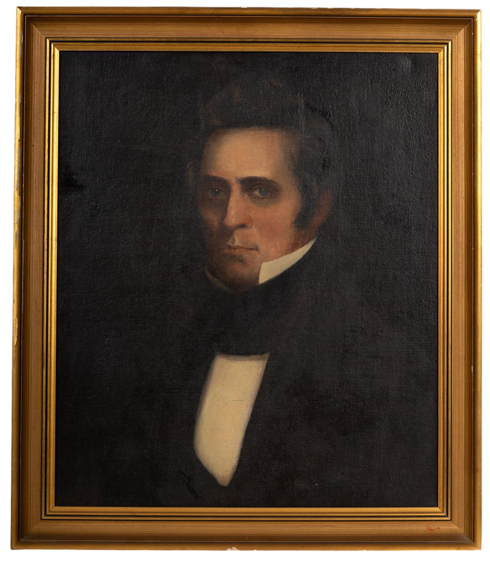 0Abraham Lantz 19th C Portrait of D. Kilgore: 19th century oil on 19" W x 22.5" H canvas with hand written info on reverse; "Portrait of Daniel Kilgore C. 1790-1851 - Abraham Lantz - 1846". Painting has some craquelure present; canvas has been re
