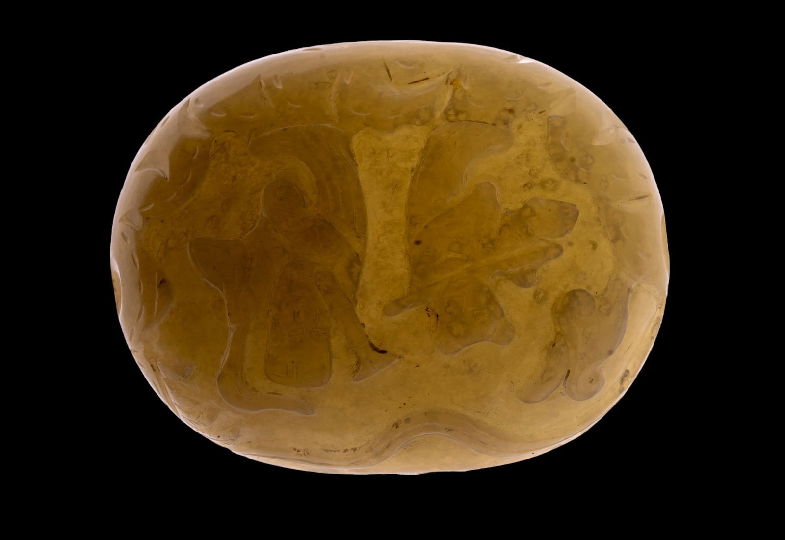 White Jade Carved Plaque Depicting People: White jade carved plaque that appears to depict people playing instruments, measuring approx 3" long & 2.5" wide. Total weight is approx. 105.1 grams.