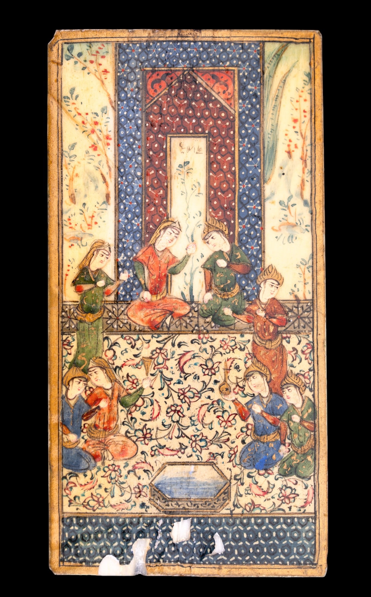 Persian Miniature Painting: Persian miniature painting on natural material depicting figures in an interior setting intricate detail. Painting measures approx. 1.875" W x 3.75" H and has some paint loss.