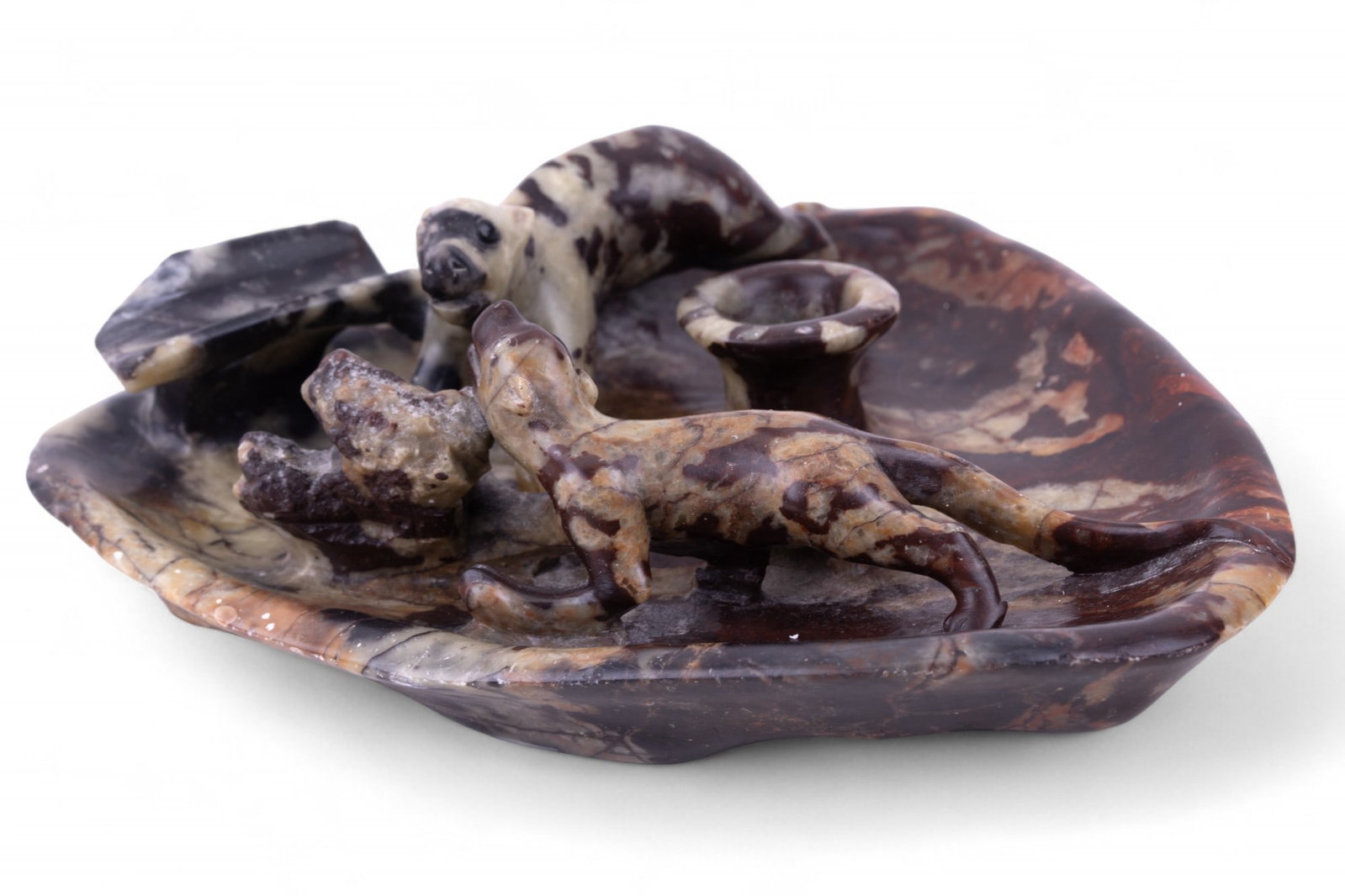 Chinese Porphyry Stone Opium Smoking Bowl Dish: Ornate carved porphyry stone bowl has 2 opposing panthers ready to fight. Item has an opium pipe rest & center socket for a whale fat lighting candle. Item also dates back to the opium wars period in 