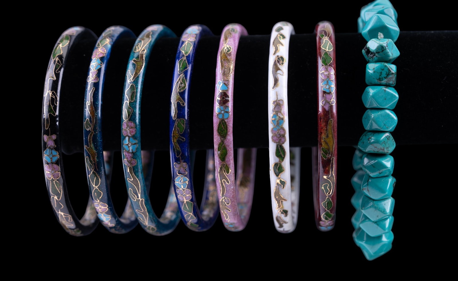 Vintage Bracelets: Seven Cloisonne bangles and a large chunk design blue turquoise bracelet