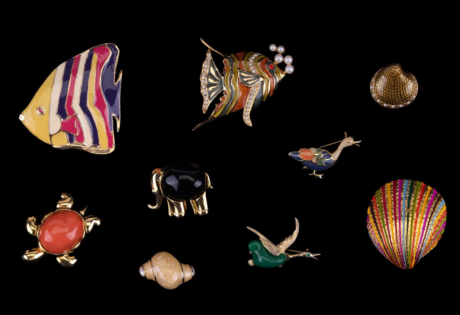 KJL, Bob Mackie & Vintage Estate Pins: Nine (9) various designer brooches, incl signed KJL (Kenneth J Lane) elephant and turtle, Bob Mackie enamel crystal pearl style angelfish, Erwin Pearl shells, Castlecliff colorful shell and duck, Gian