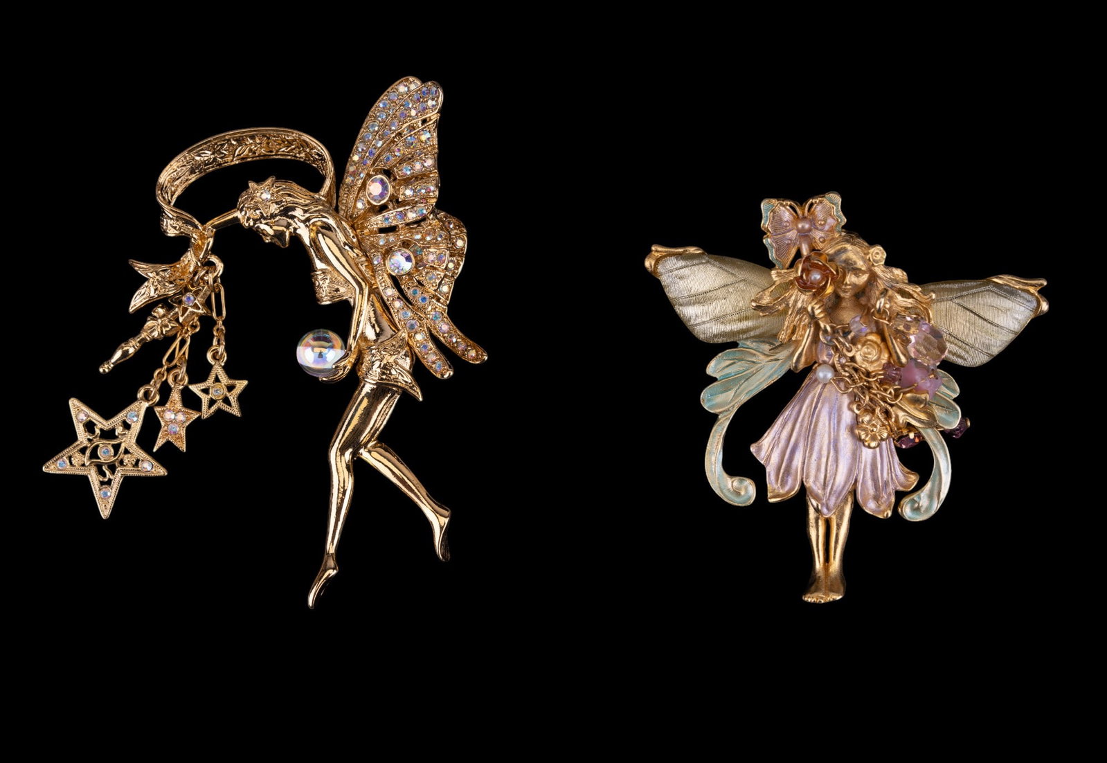 Kirks Folly Vintage Fairy Brooches: Kirks Folly vintage crystal gold tone large winged nymph fairy with stars and tri-color young fairy