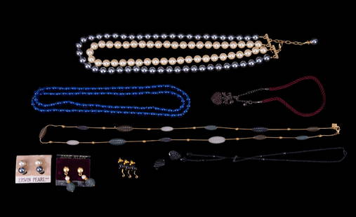 Erwin Pearl, Joan Rivers & Vintage Jewelry: Erwin Pearl long pearl necklace with earrings, Joan Rivers black heart necklace, mouse pin, and more