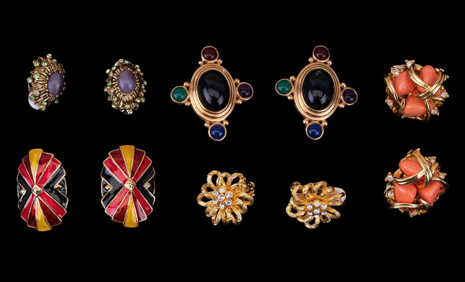 Bob Mackie Designer & Vintage Earrings: Bob Mackie Designed enamel clip earrings and four other unsigned pairs