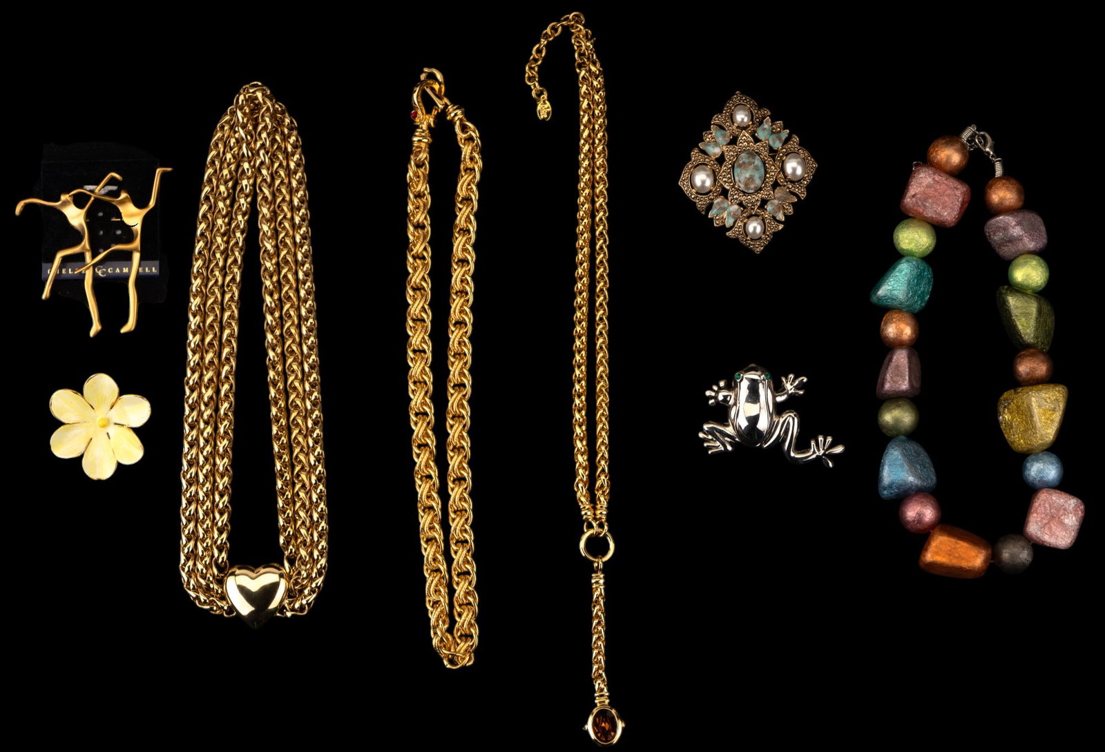 Joan Rivers & Vintage Jewelry: Three (3) large Joan Rivers gold tone necklaces, including lariat and large heart styles, and various brooches