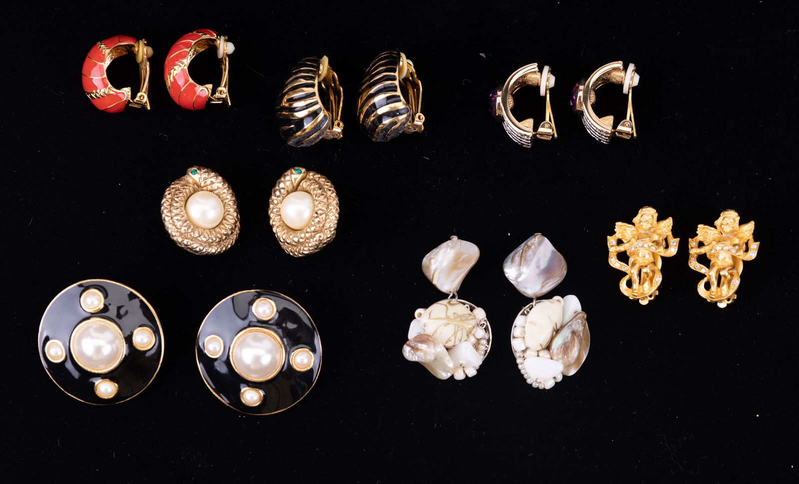 Erwin Pearl Snake Earrings & Others: Large gold tone snake & pearl earrings by Erwin Pearl, Kirks Folly angel earrings, several Joan Rivers, and more