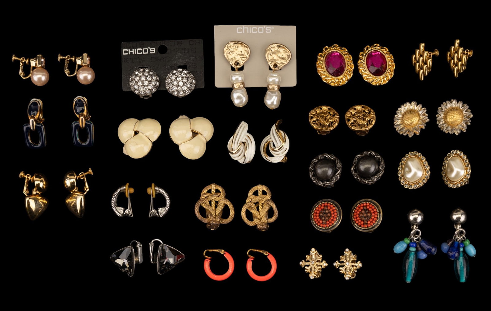 Vintage Clip Earrings (20 Pair): Les Bernard, several vintage pairs, KJL (large pink stone), Chico's, and more