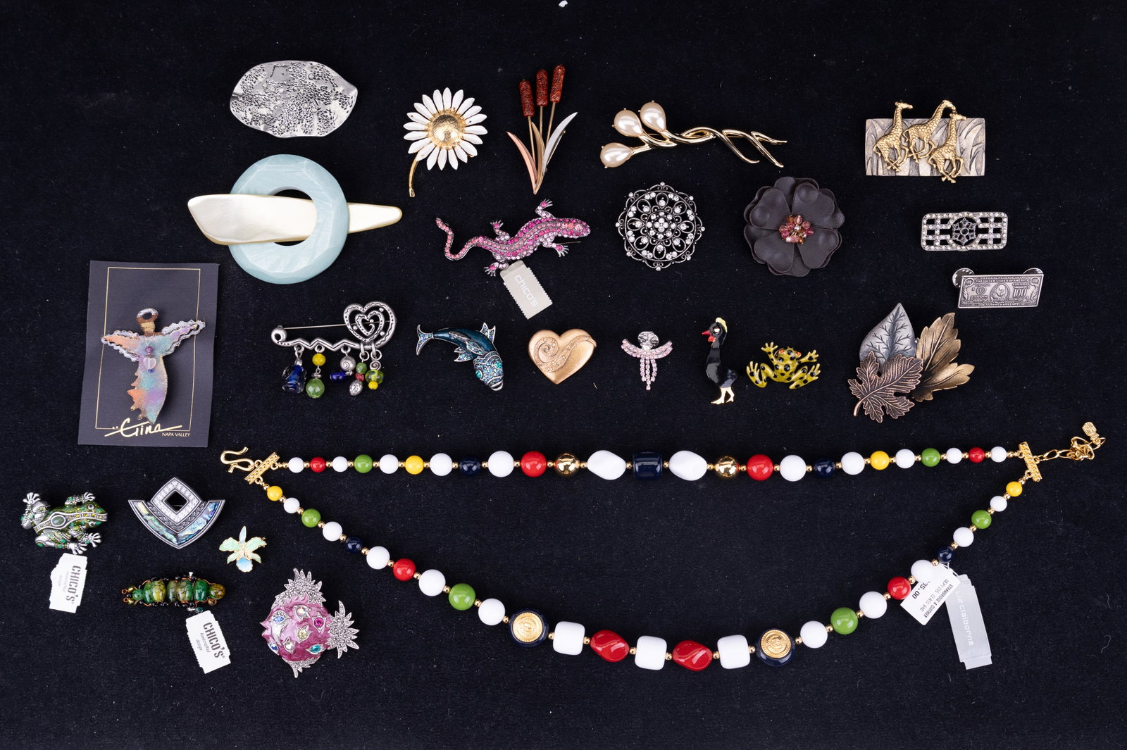 Vintage Estate Jewelry: Colorful "C" necklace, plus brooches in gold and silver tones, featuring giraffe, safari, insects, floral, & plastics