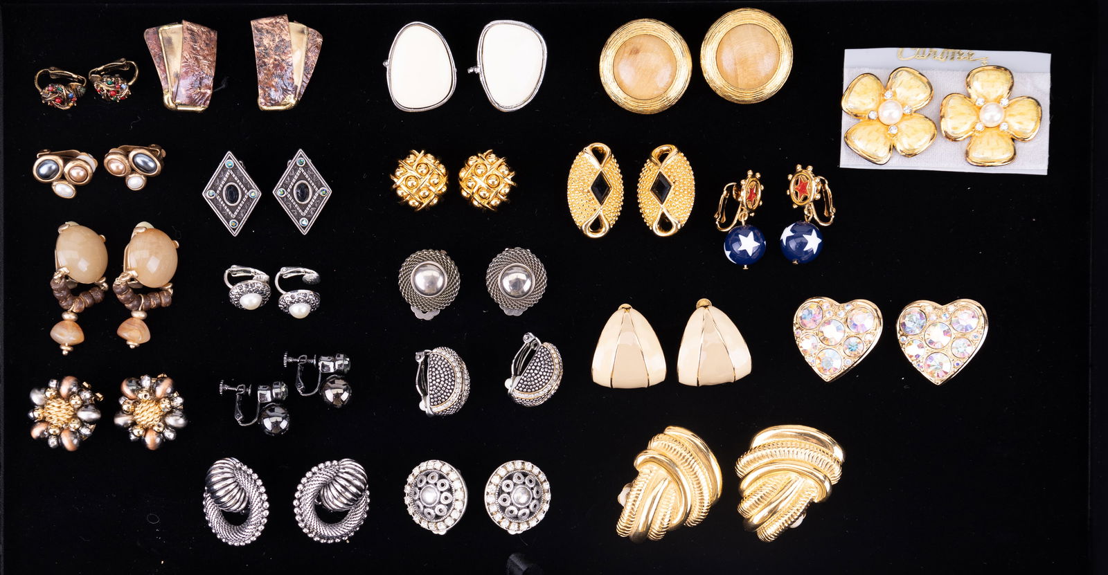 Joan Rivers, Kirks Folly, & Vintage Earrings: Joan Rivers gold tone and pewter hue clips, large Kirks Folly crystal heart clips, Carolee designer gold tone floral clips on card, and more