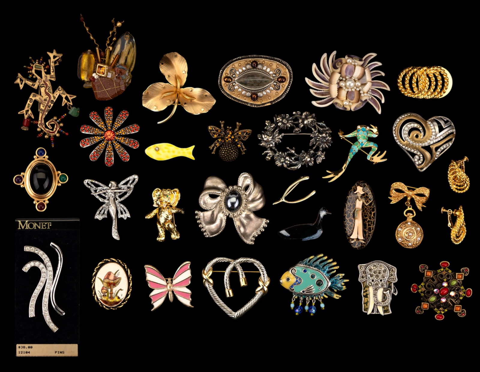 Vintage Estate Brooches: Gold and silver tone, fish and whimsical by Monet (on card), and various other designs of brooches